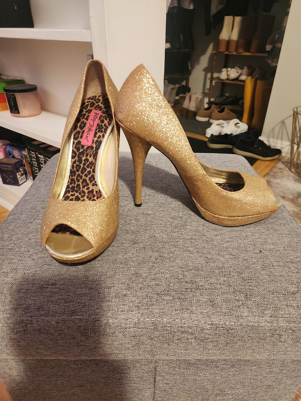 Betsey Johnson Gold Glitter Peep-Toe Stilettos